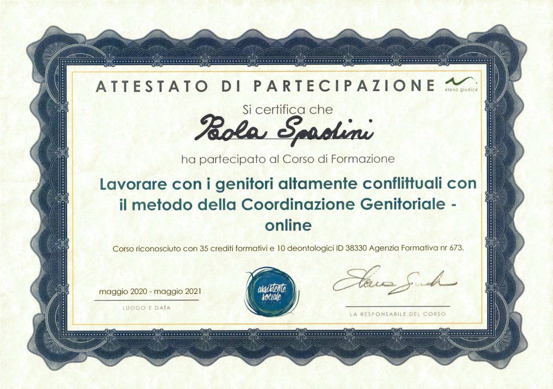 Attestato di partecipazione al corso sul metodo della Coordinazione Genitoriale rilasciato a Paola Spadini